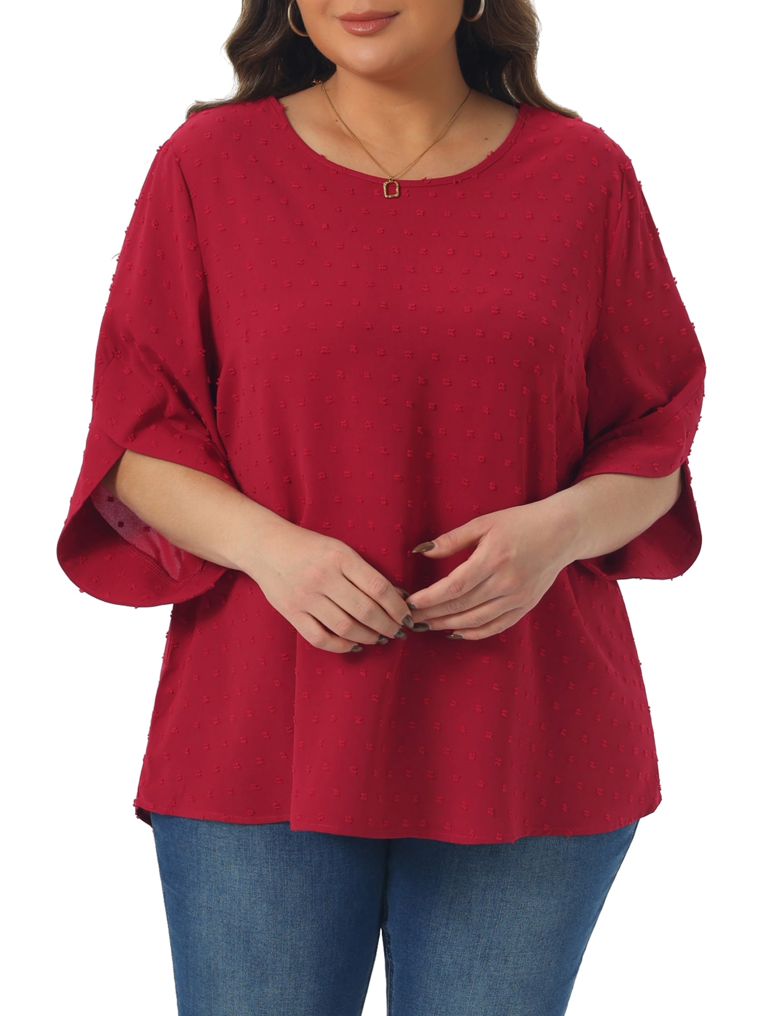 DARING DIVA Women's Plus Petal Sleeve Swiss Dots Blouse T-Shirt Tops 3X Burgundy