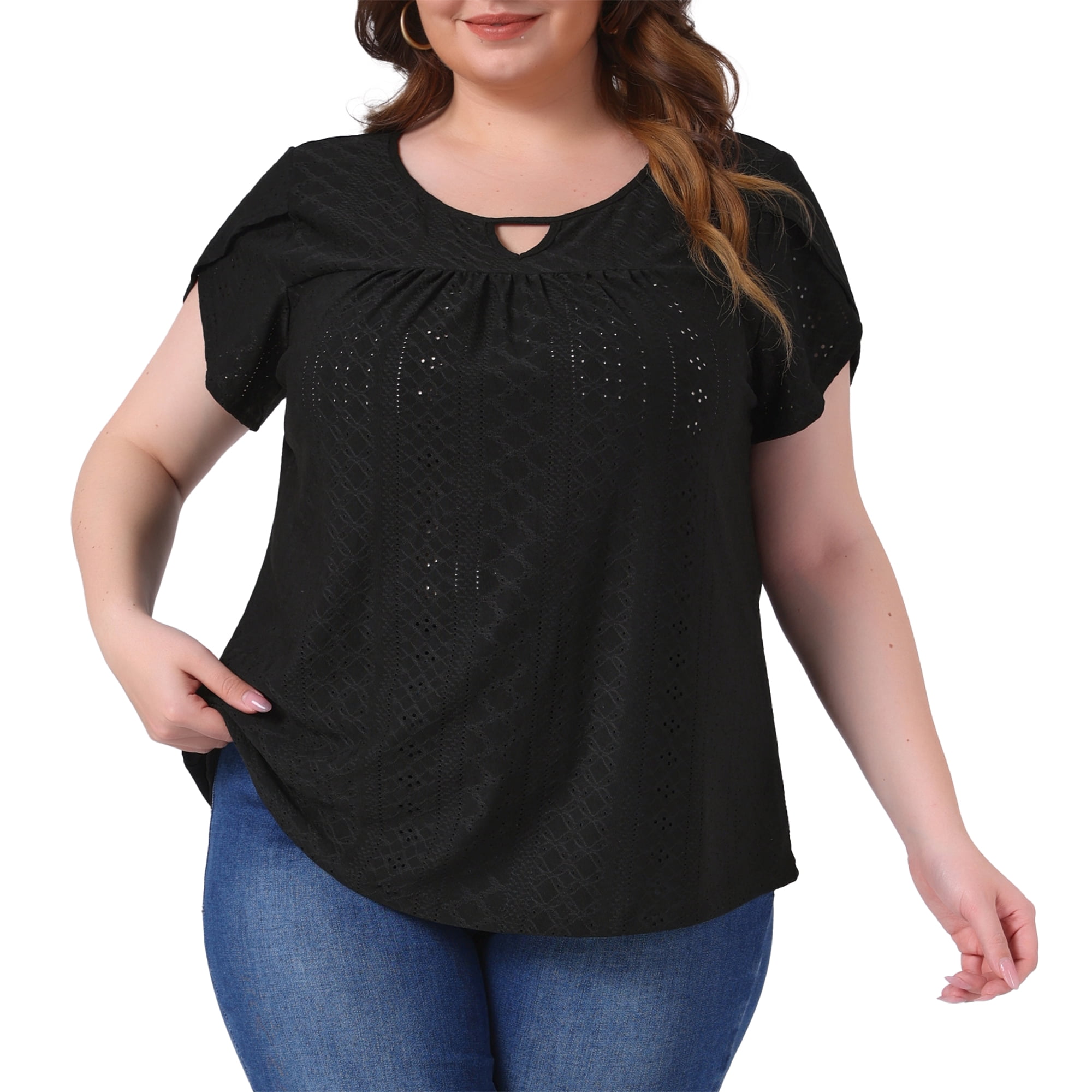 Women's Plus Petal Sleeve Keyhole Neck Loose Fit Casual Top for Women 3X Black
