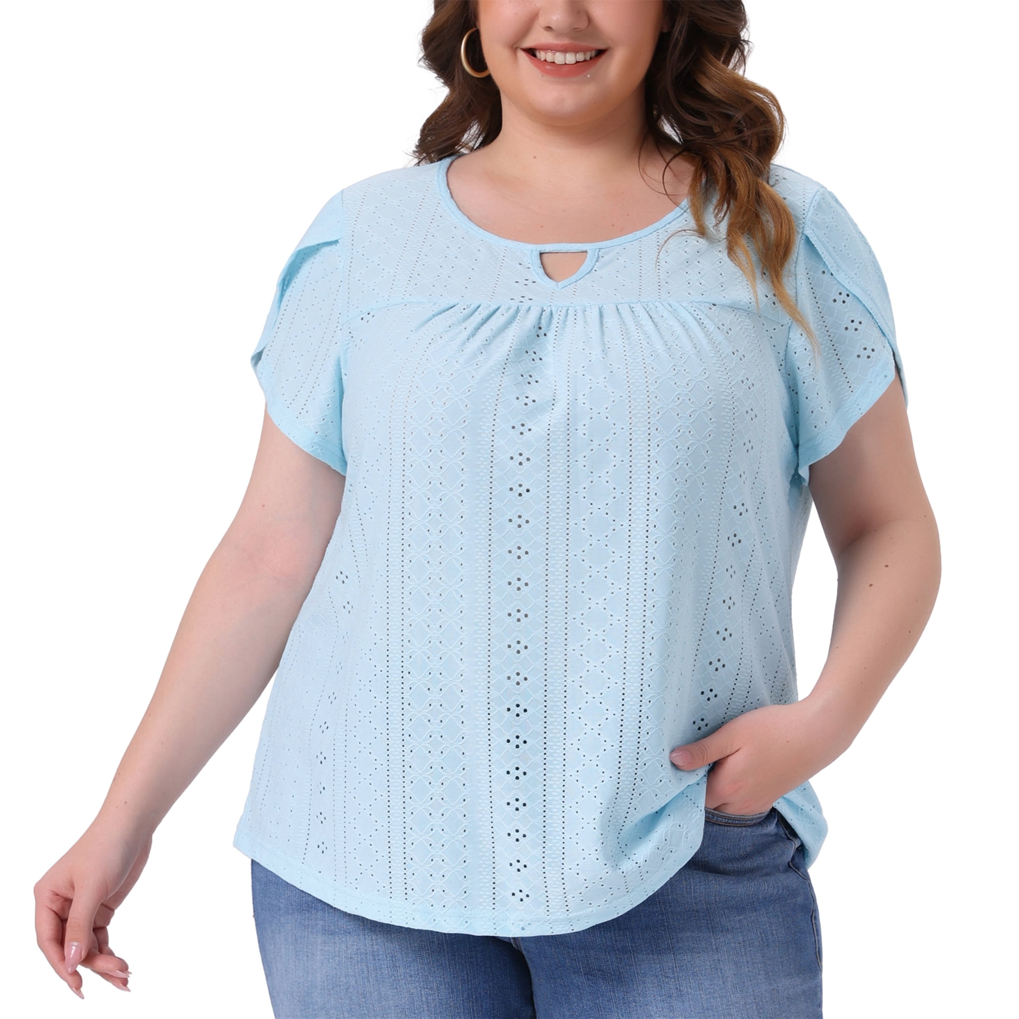 Women's Plus Petal Sleeve Keyhole Neck Loose Fit Casual Top for Women 3X Sky Blue
