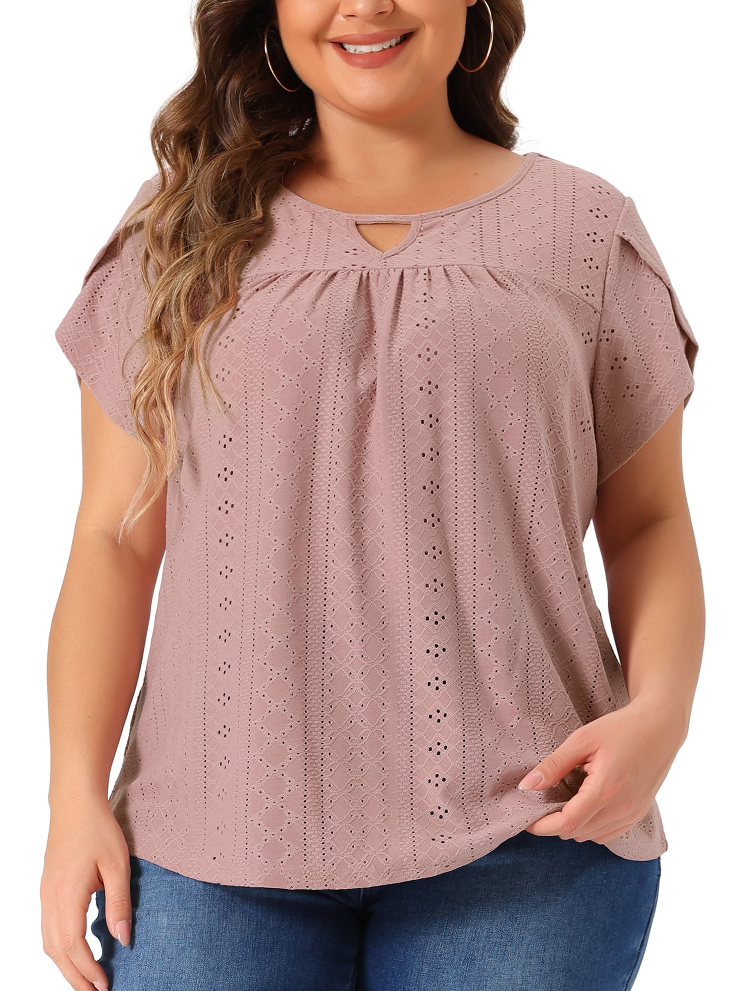 Women's Plus Petal Sleeve Keyhole Neck Loose Fit Casual Top for Women 1X Pink