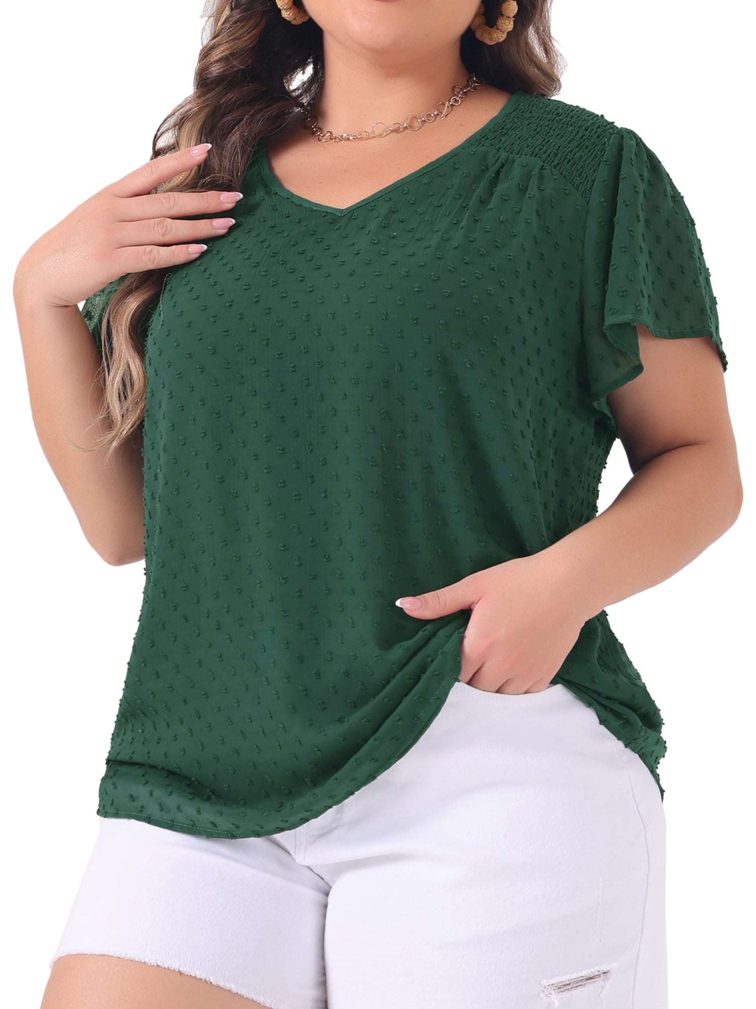 Unique Bargains Women's Plus Size Blouses Pin Dots Smocked Flare Sleeve Top 4X Dark Green