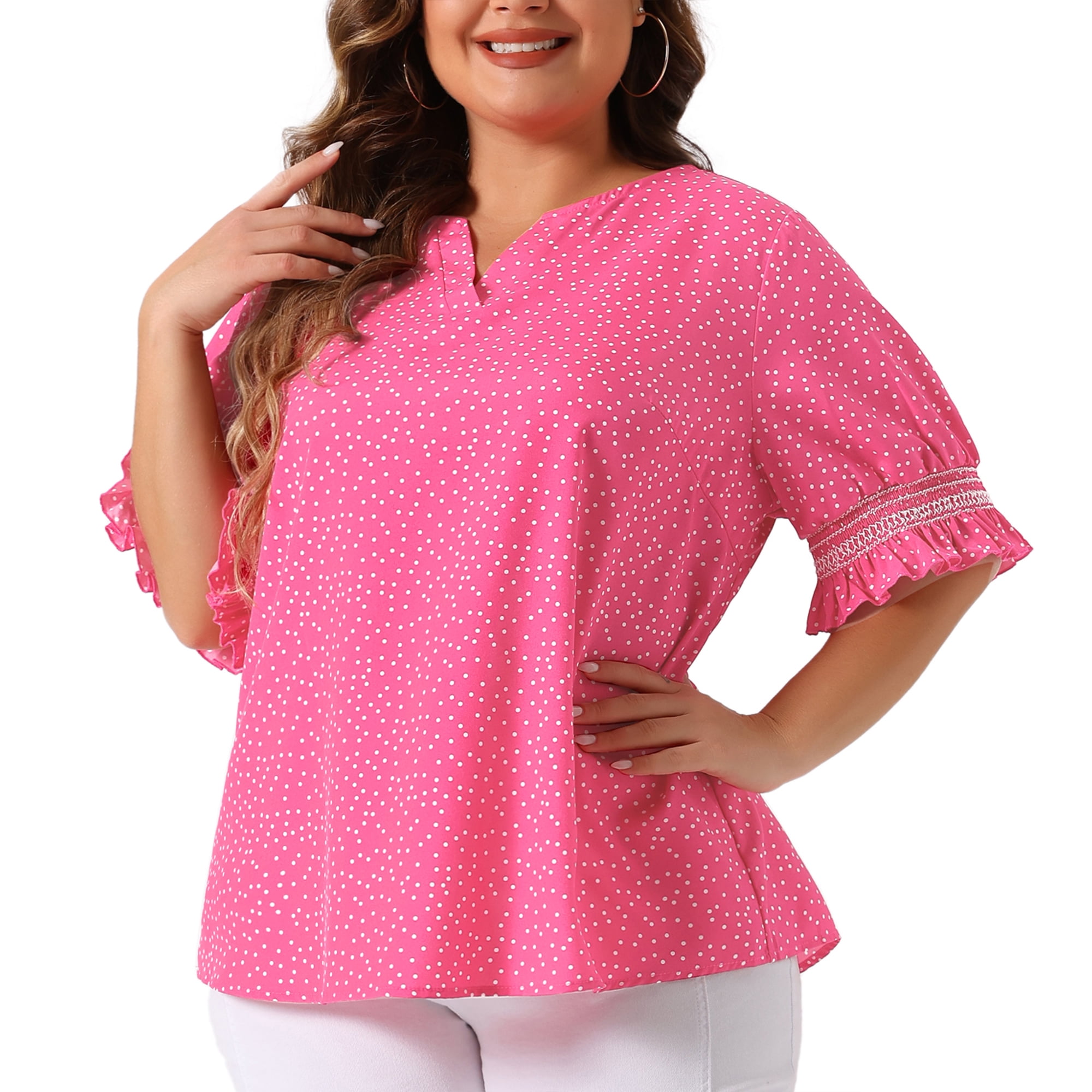 Unique Bargains Women's Plus Size Dots Heart Smocked Short Sleeve Blouse 2X Hot Pink