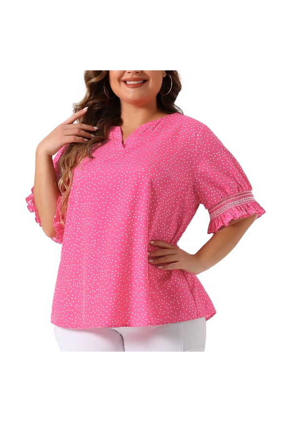 Women's Plus Pin Dots Smocked Floral Boho Blouse 3X Hot Pink