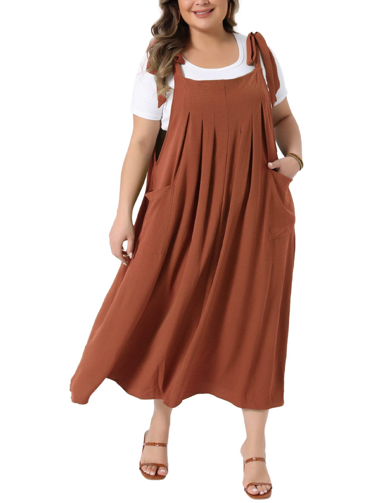DARING DIVA Women's Plus Pinafore Dress with Pockets Overall Dress 2X Khaki