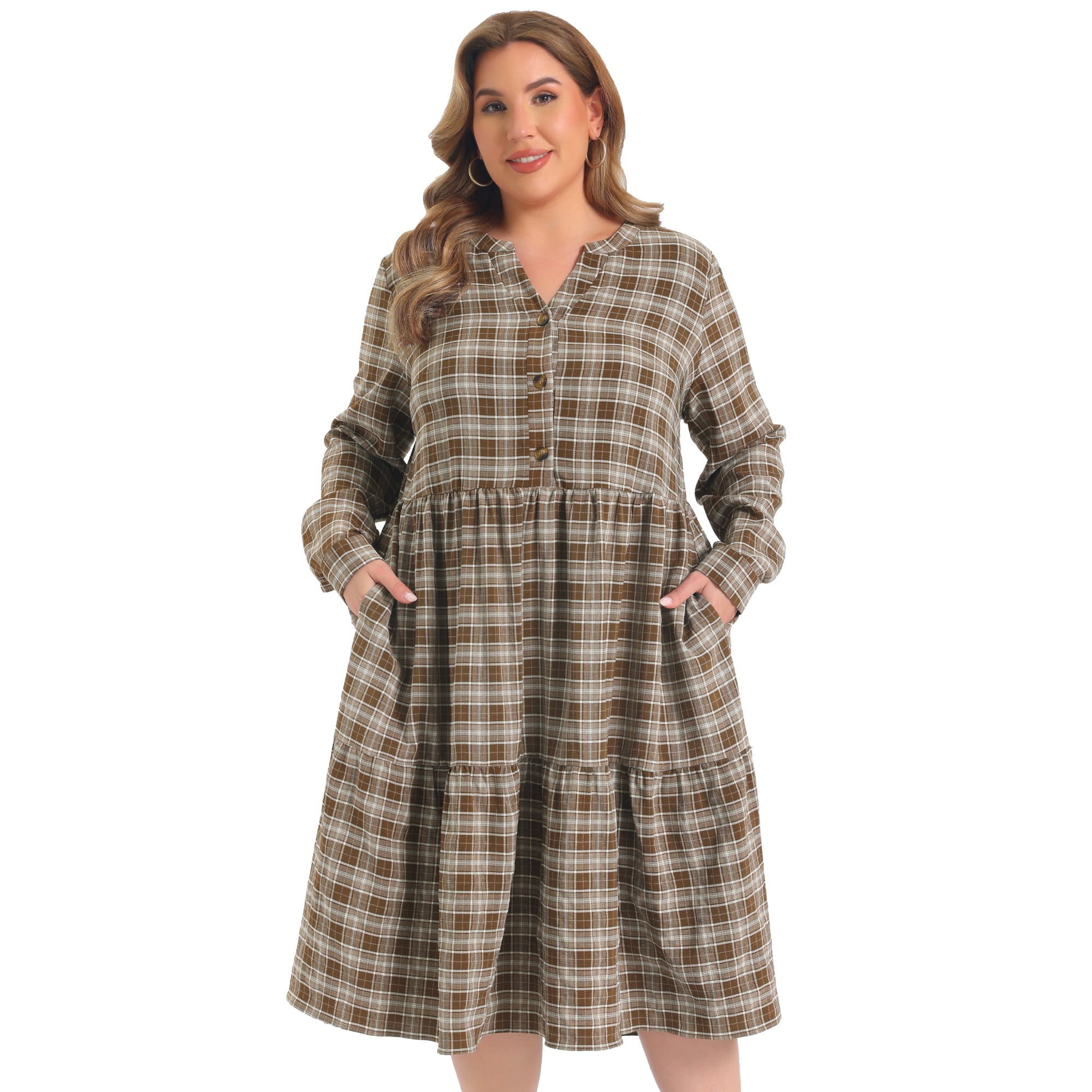 DARING DIVA Women's Plus Plaid A-Line Button Front Notch Dress 3X Brown