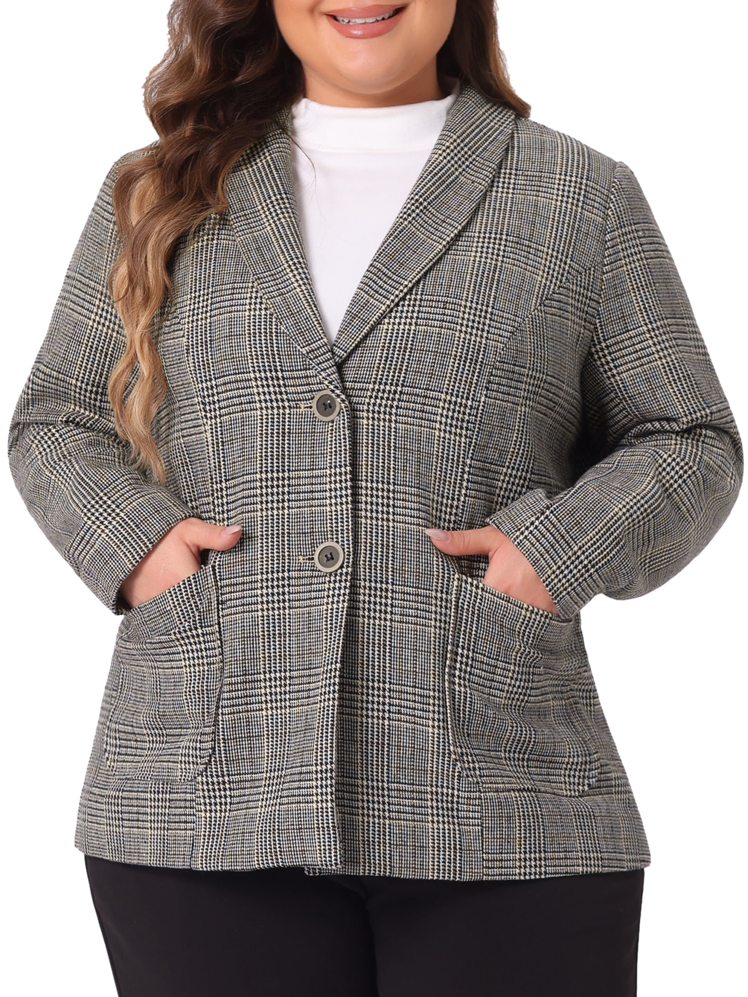 DARING DIVA Women's Plus Plaid Lapel Jacket Work Single Breasted Blazers Black Brown 4X