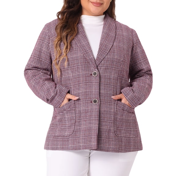 DARING DIVA Women's Plus Plaid Lapel Jacket Work Single Breasted Blazers Burgundy 1X