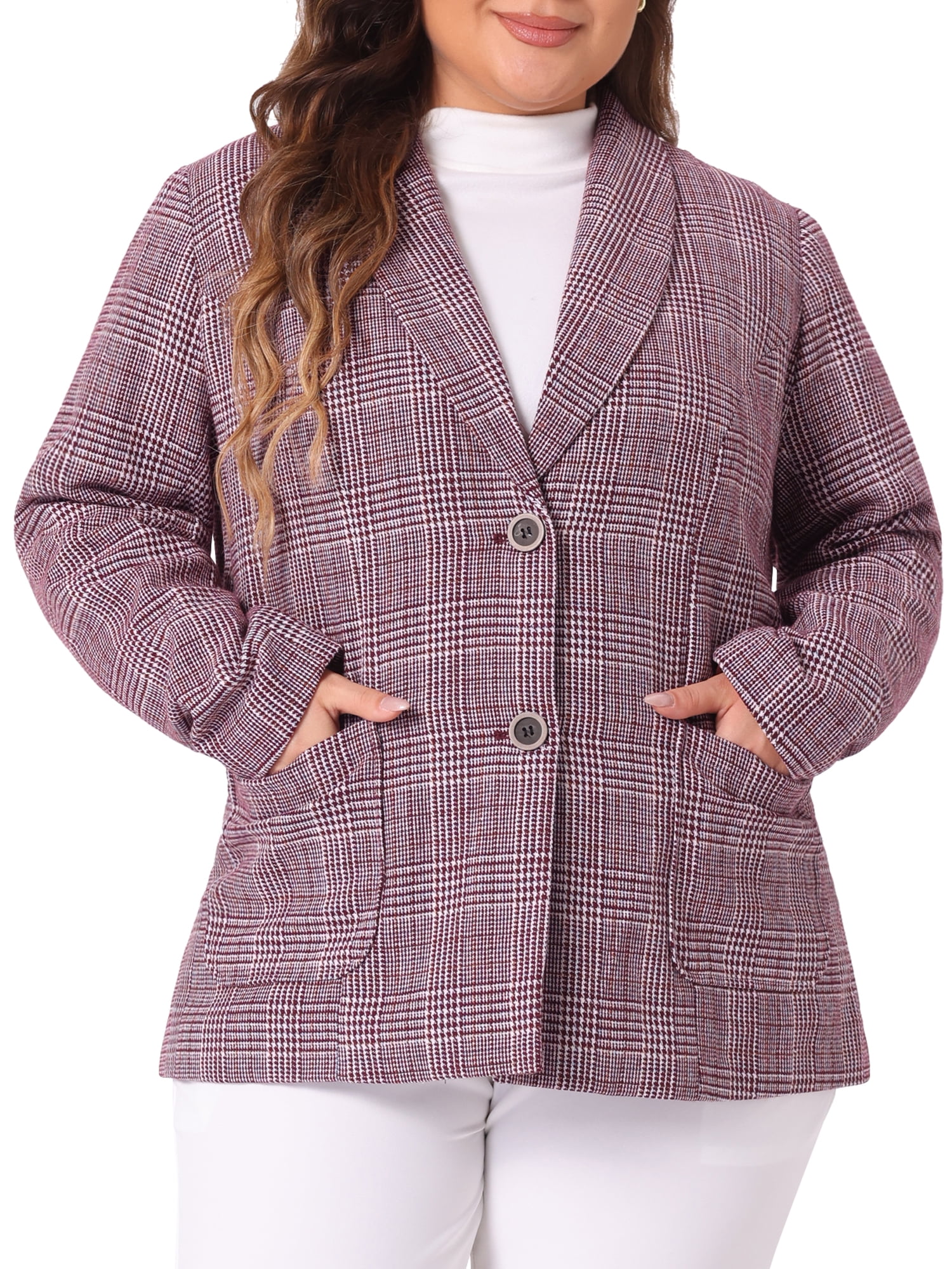DARING DIVA Women's Plus Plaid Lapel Jacket Work Single Breasted Blazers Burgundy 4X