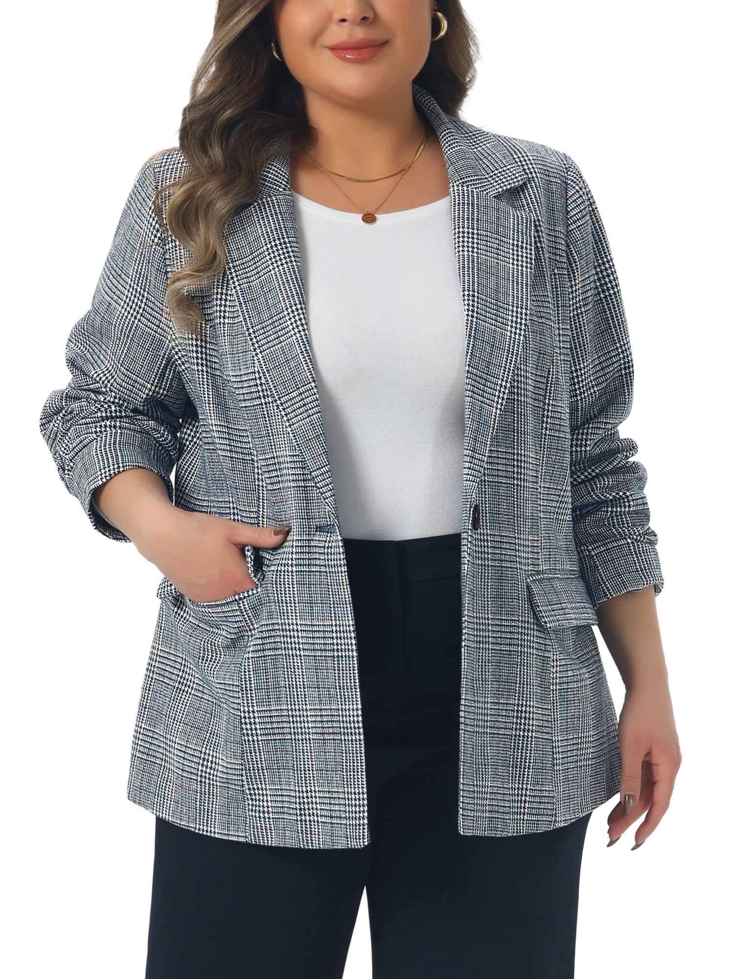DARING DIVA Women's Plus Plaid Notched Lapel Business Blazer Jackets 2X Dark Blue