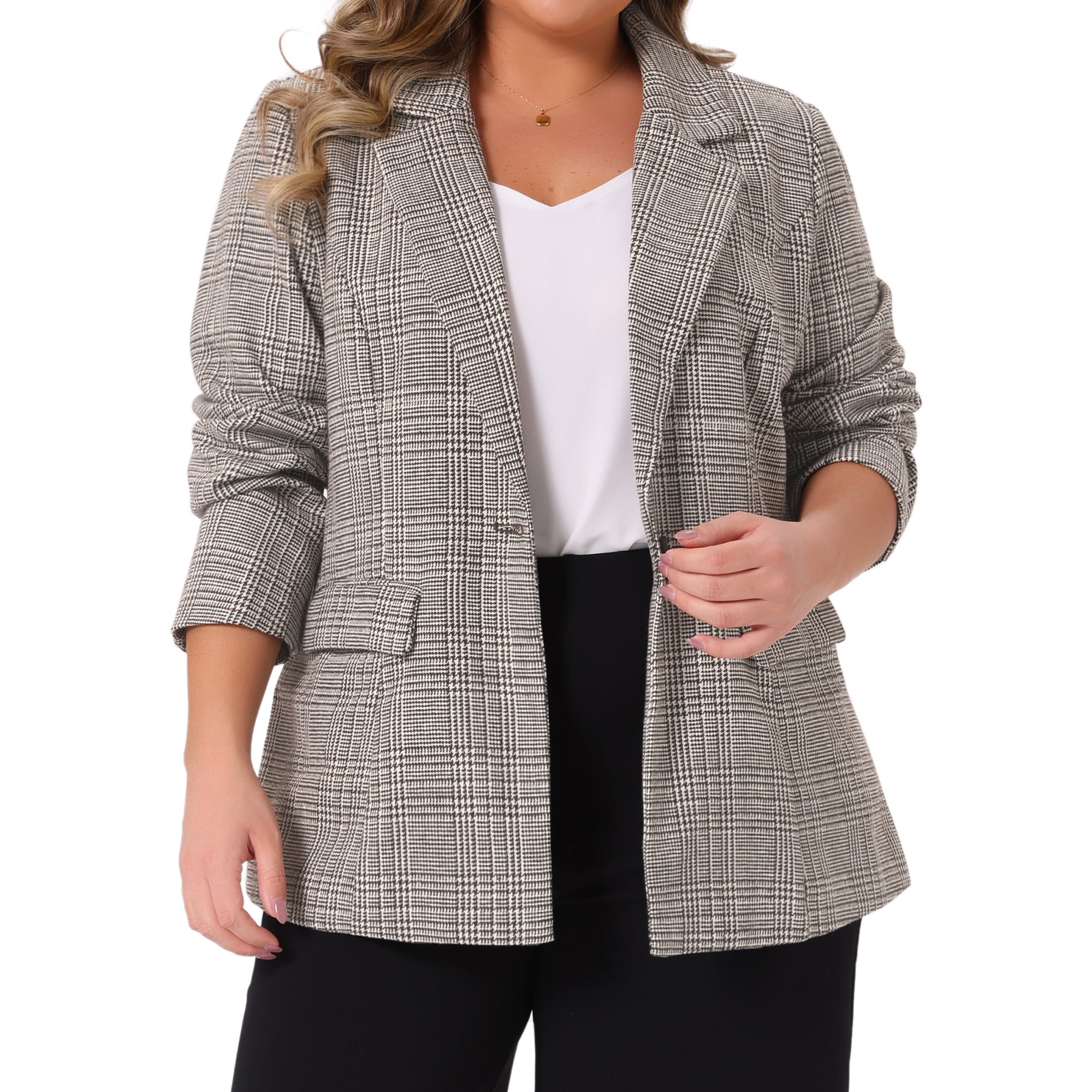 DARING DIVA Women's Plus Plaid Notched Lapel Business Blazer Jackets 3X Brown Beige