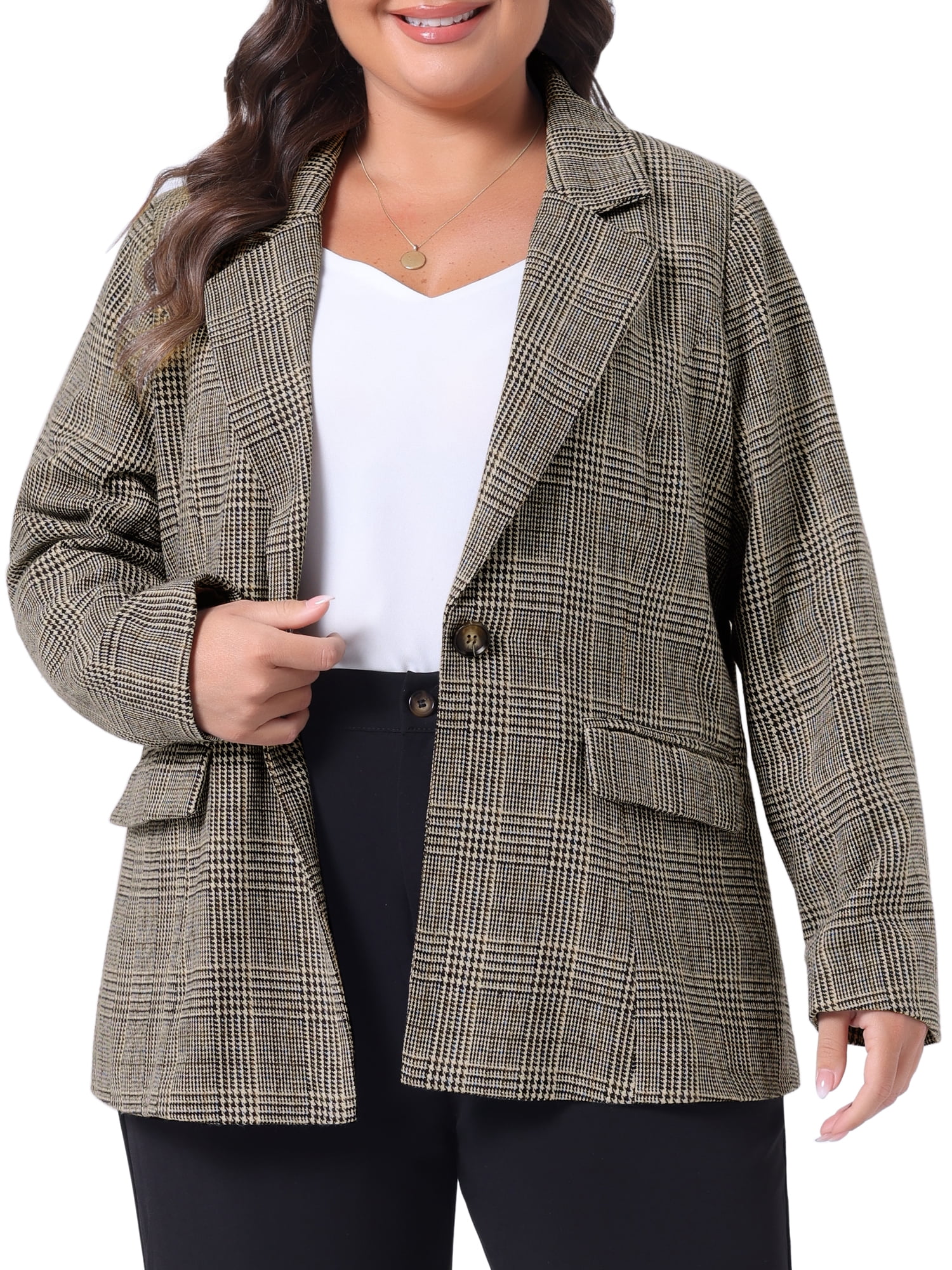 DARING DIVA Women's Plus Plaid Notched Lapel Business Blazer Jackets 1X Black Brown