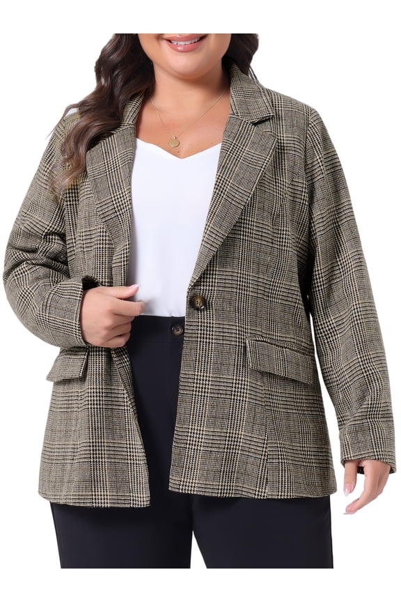 Women's Plus Plaid Notched Lapel Business Blazer Jackets Black Brown 3X