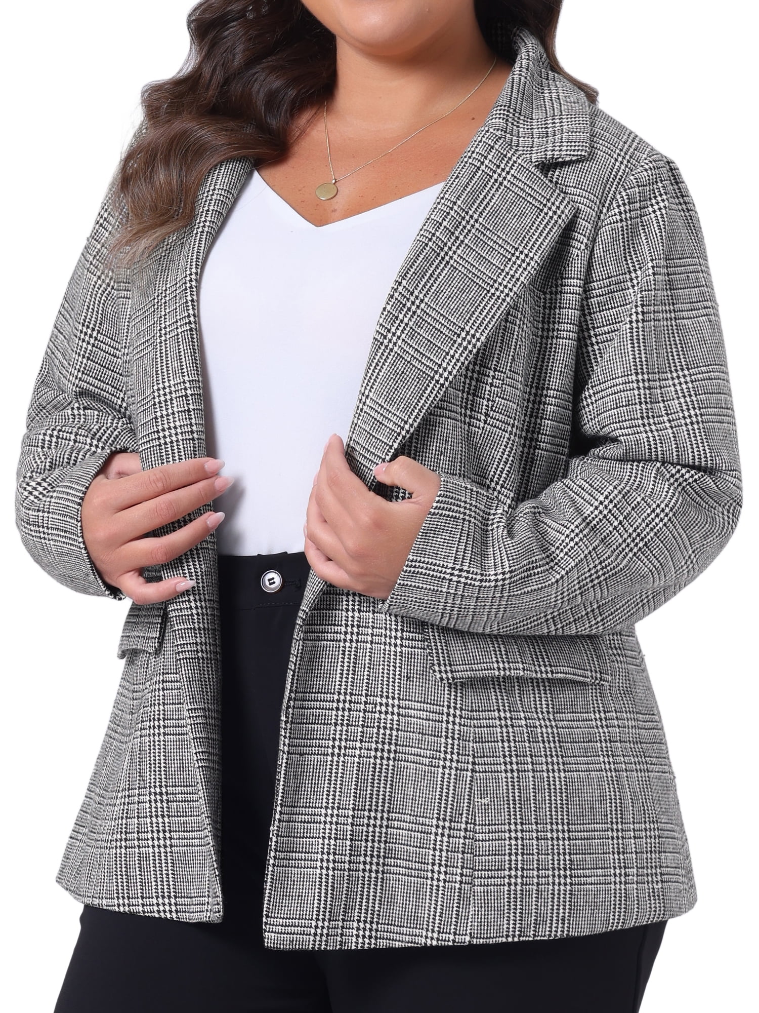 DARING DIVA Women's Plus Plaid Notched Lapel Business Blazer Jackets 3X Black White