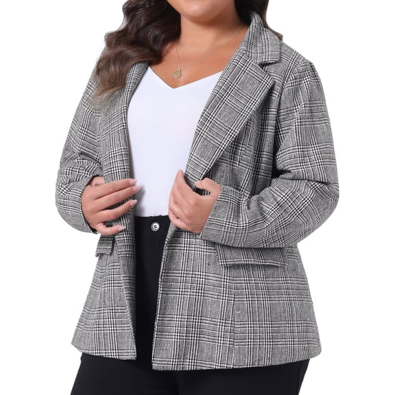 DARING DIVA Women's Plus Plaid Notched Lapel Business Blazer Jackets Black White 3X