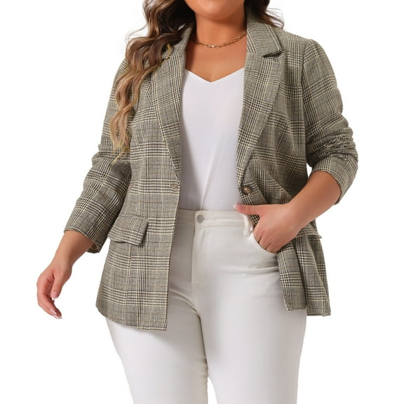 DARING DIVA Women's Plus Plaid Notched Lapel Business Blazer Jackets Brown 2X