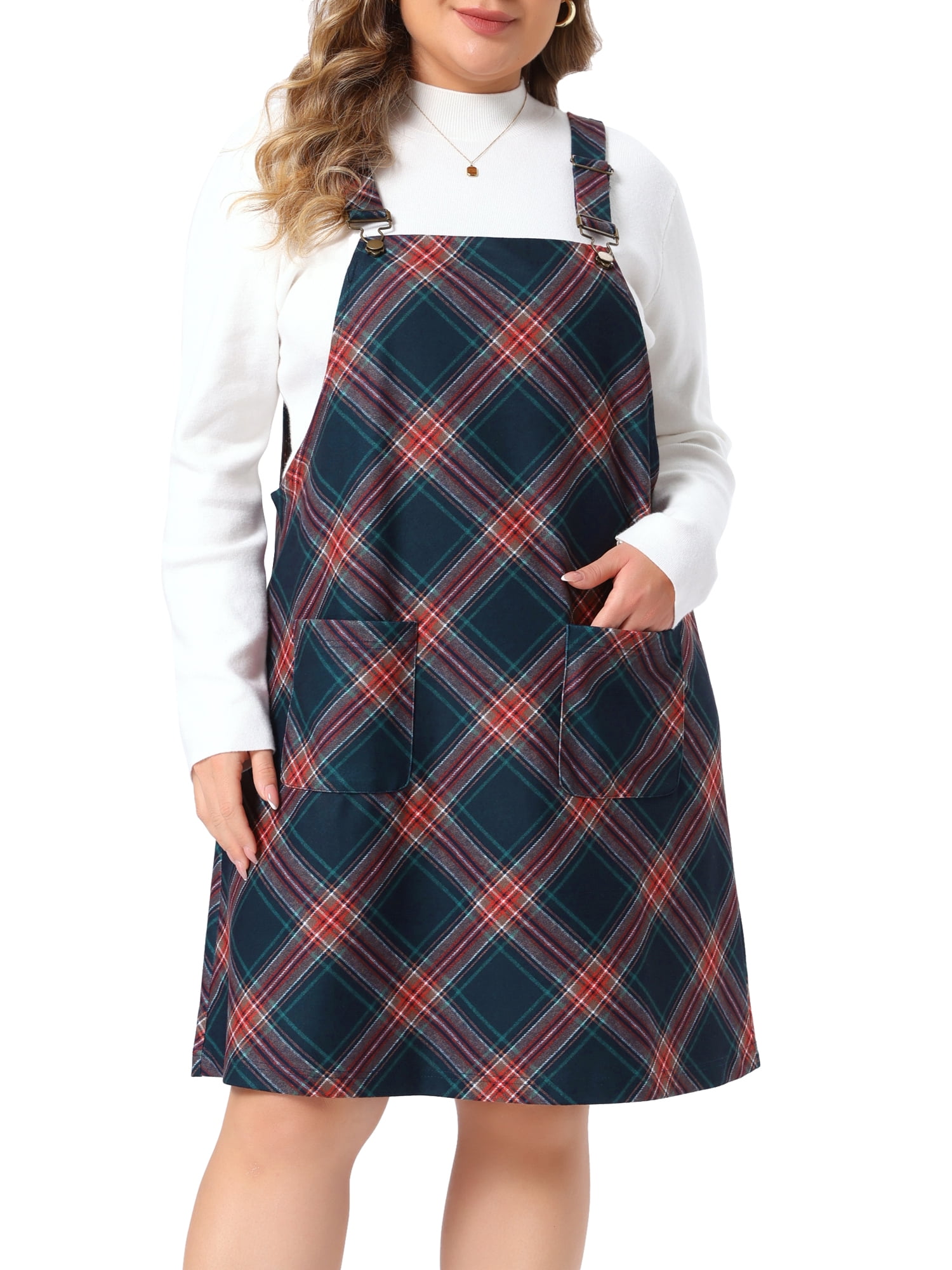 DARING DIVA Women's Plus Plaid Pinafore Dress Sleeveless Strap Overall 3X Dark Blue