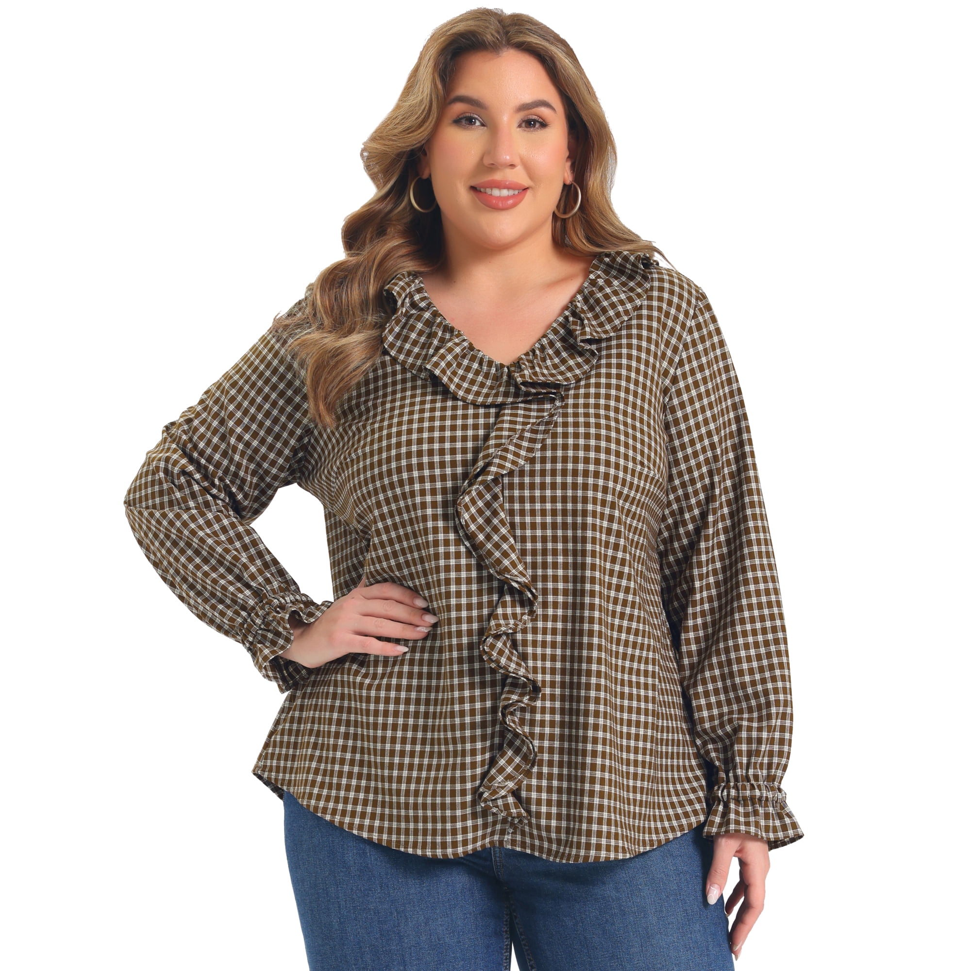 DARING DIVA Women's Plus Plaid Ruffle V Neck Lantern Tops 2X Brown