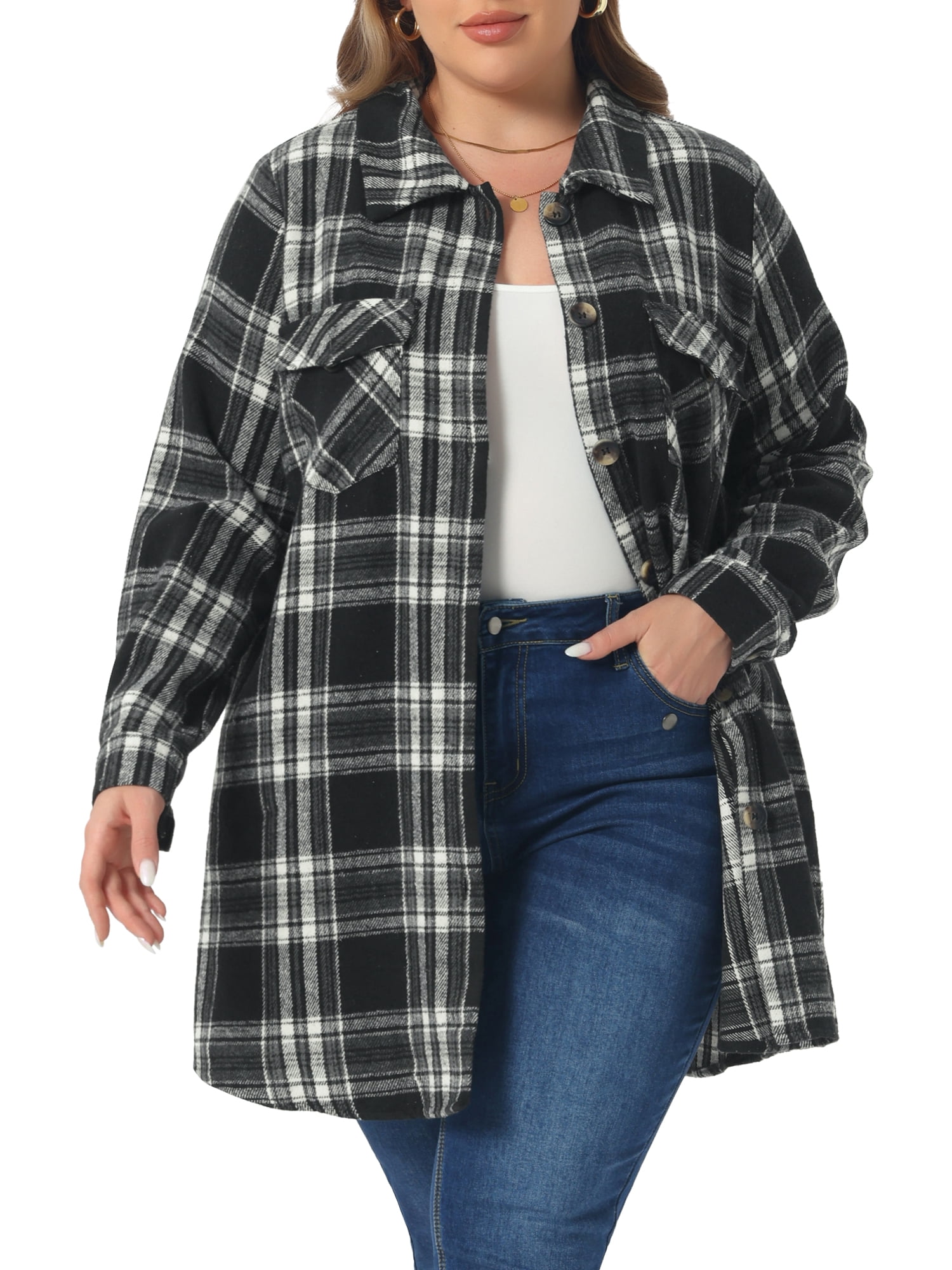 DARING DIVA Women's Plus Plaid Shacket Long Sleeve Flannel Fashion Jacket 3X Black