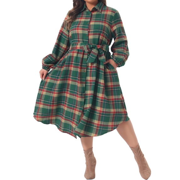 DARING DIVA Women's Plus Plaid Shirt Belted Long Sleeves Hem Dress 1X Green
