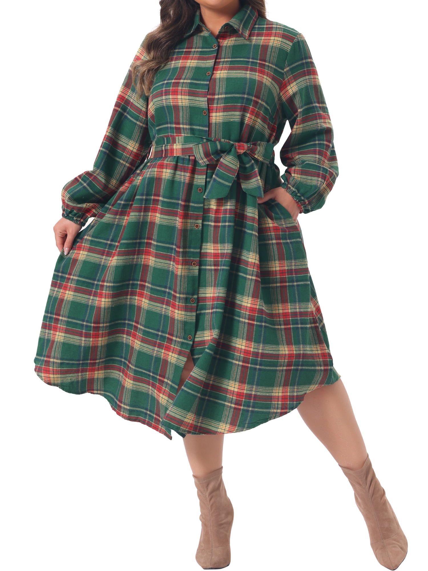 DARING DIVA Women's Plus Plaid Shirt Belted Long Sleeves Hem Dress 2X Green