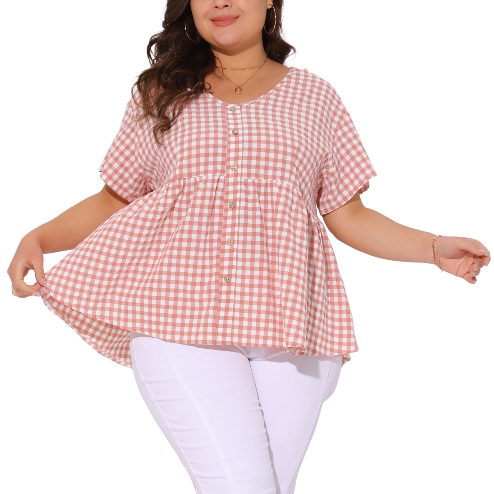 Women's Plus Gingham Tops Plaid Short Sleeve V Neck Summer Babydoll Top 1X Pink