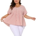 thumbnail image 1 of DARING DIVA Women's Plus Gingham Tops Plaid V Neck Babydoll Top 1X Pink, 1 of 6