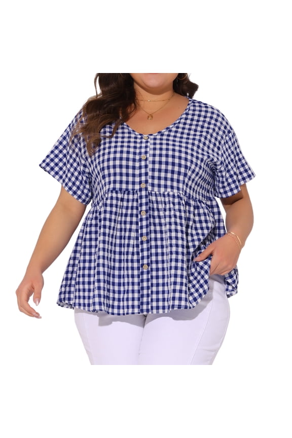 Women's Plus Gingham Tops Plaid Short Sleeve V Neck Summer Babydoll Top 2X Blue
