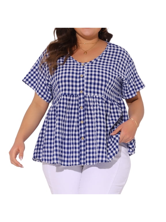 Women's Plus Gingham Tops Plaid Short Sleeve V Neck Summer Babydoll Top 2X Blue