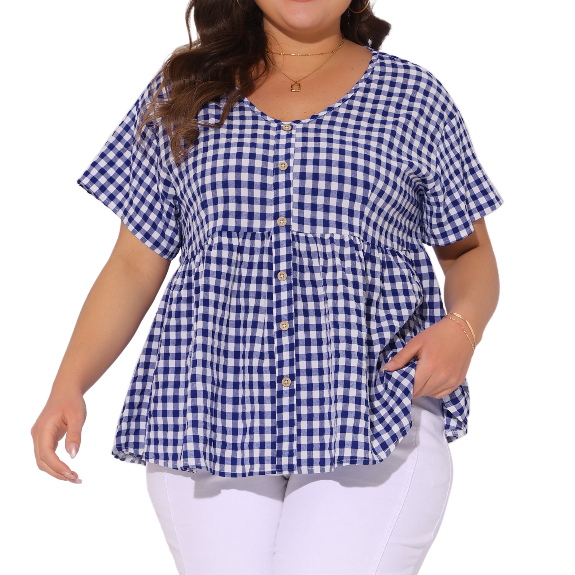 Women's Plus Gingham Tops Plaid Short Sleeve V Neck Summer Babydoll Top 4X Blue