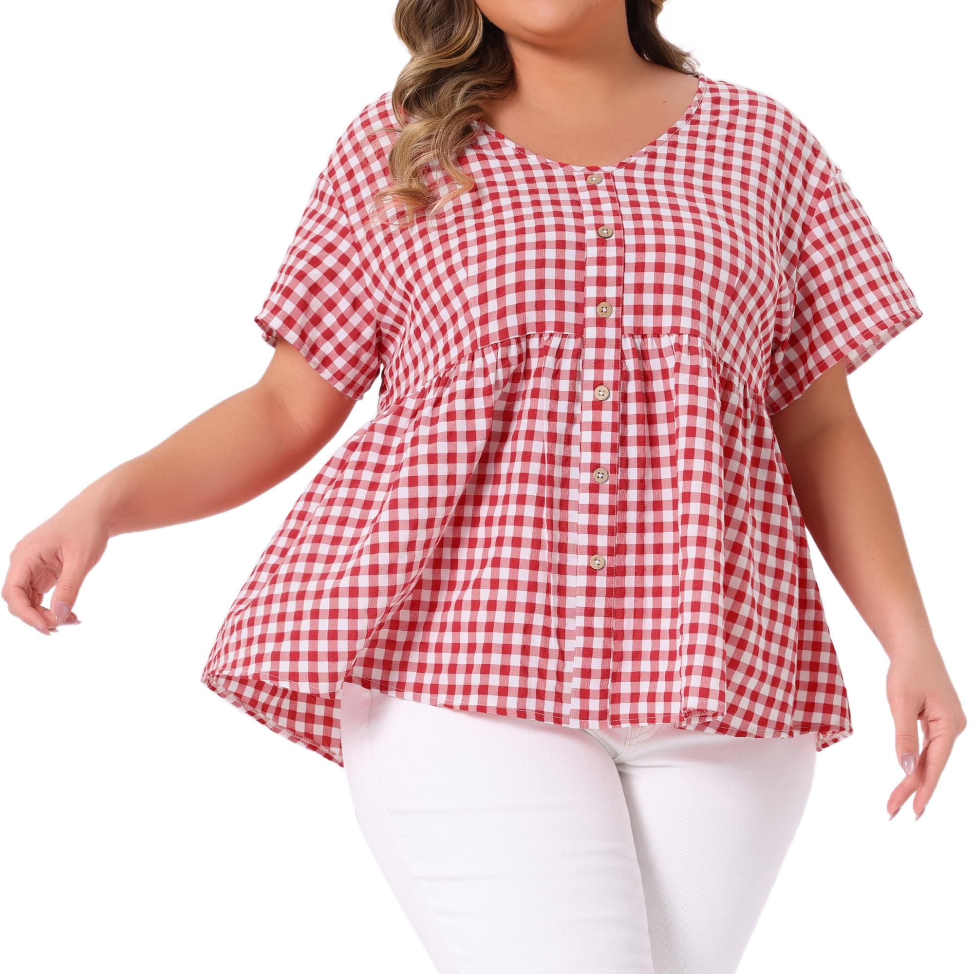 Women's Plus Gingham Tops Plaid Short Sleeve V Neck Summer Babydoll Top 4X Red