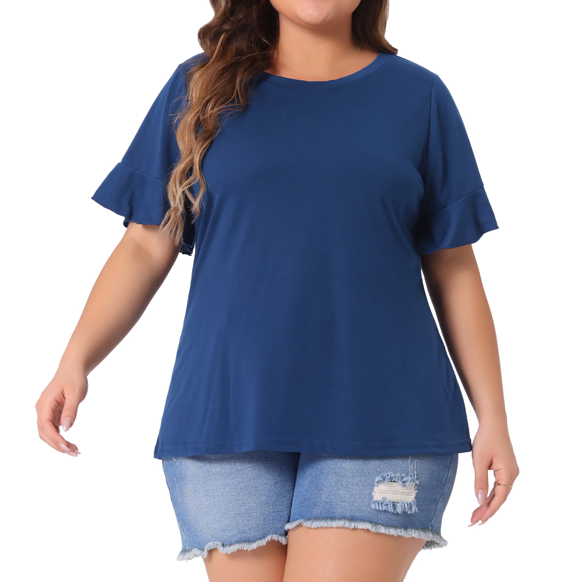 DARING DIVA Women's Plus Plain Crew Neck Ruffle Short Sleeves Blouse 1X Dark Blue