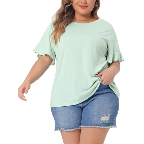 DARING DIVA Women's Plus Plain Crew Neck Ruffle Short Sleeves Blouse 1X Mint Green