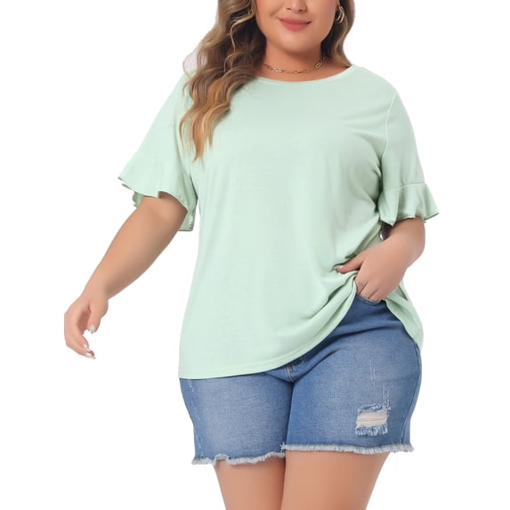 DARING DIVA Women's Plus Plain Crew Neck Ruffle Short Sleeves Blouse 1X Mint Green
