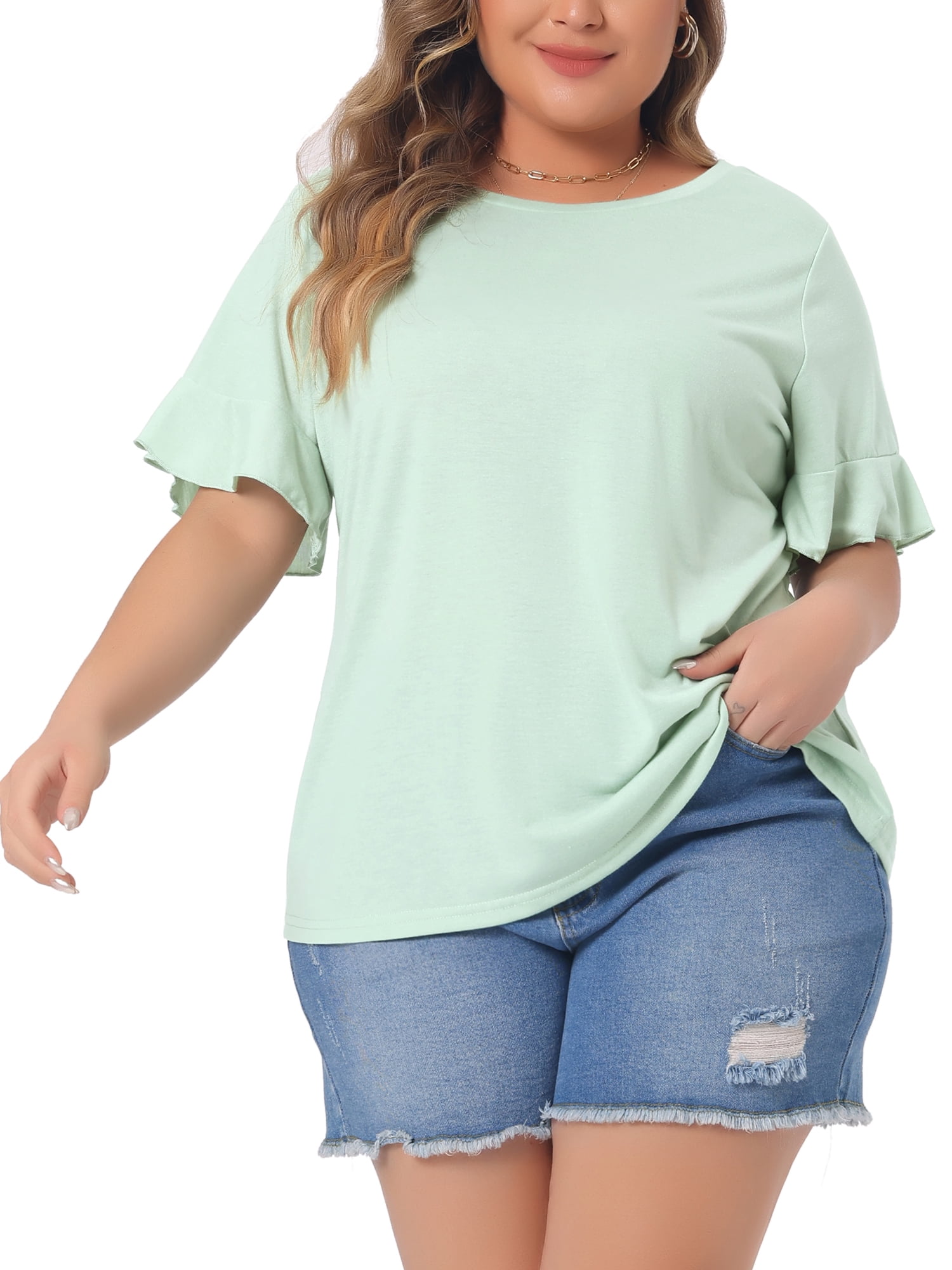 DARING DIVA Women's Plus Plain Crew Neck Ruffle Short Sleeves Blouse 3X Mint Green