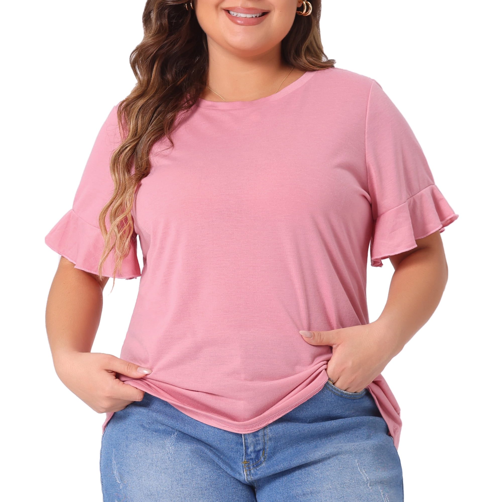 DARING DIVA Women's Plus Plain Crew Neck Ruffle Short Sleeves Blouse 4X Pink