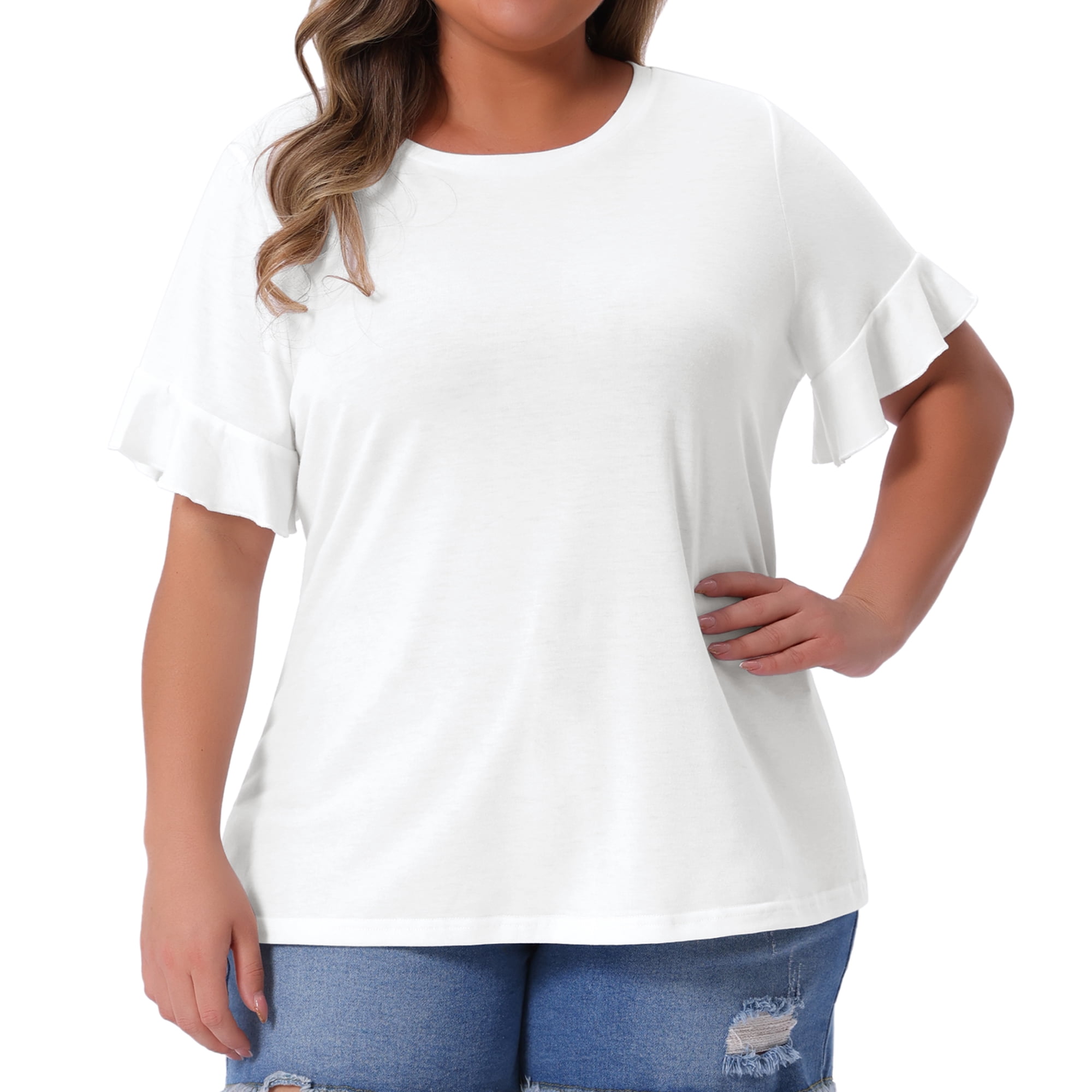 DARING DIVA Women's Plus Plain Crew Neck Ruffle Short Sleeves Blouse 4X White