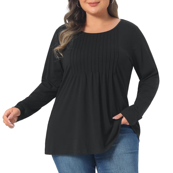 DARING DIVA Women's Plus Pleated Blouses Crew Neck Soft T-Shirt 1X Black
