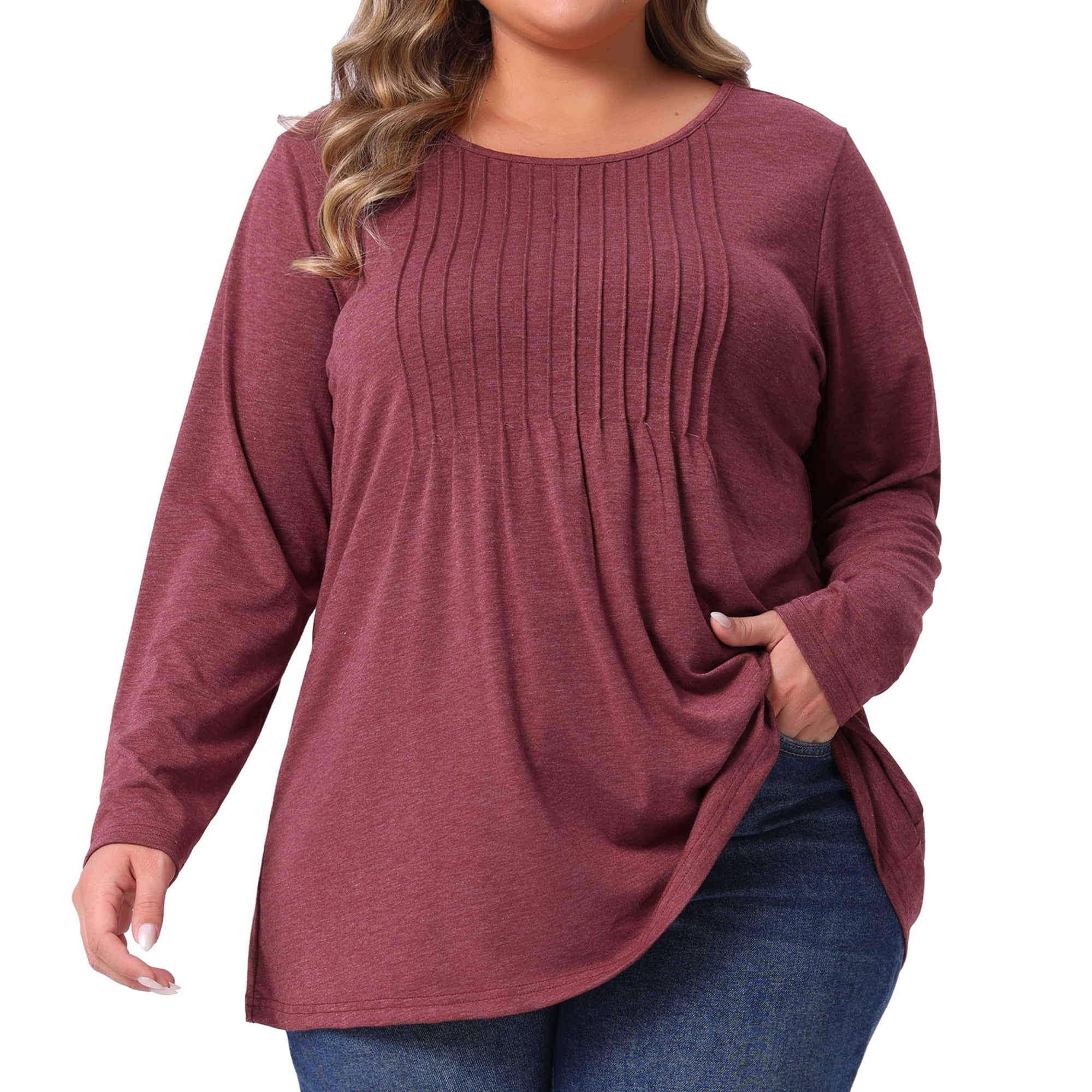DARING DIVA Women's Plus Pleated Blouses Crew Neck Soft T-Shirt 3X Burgundy