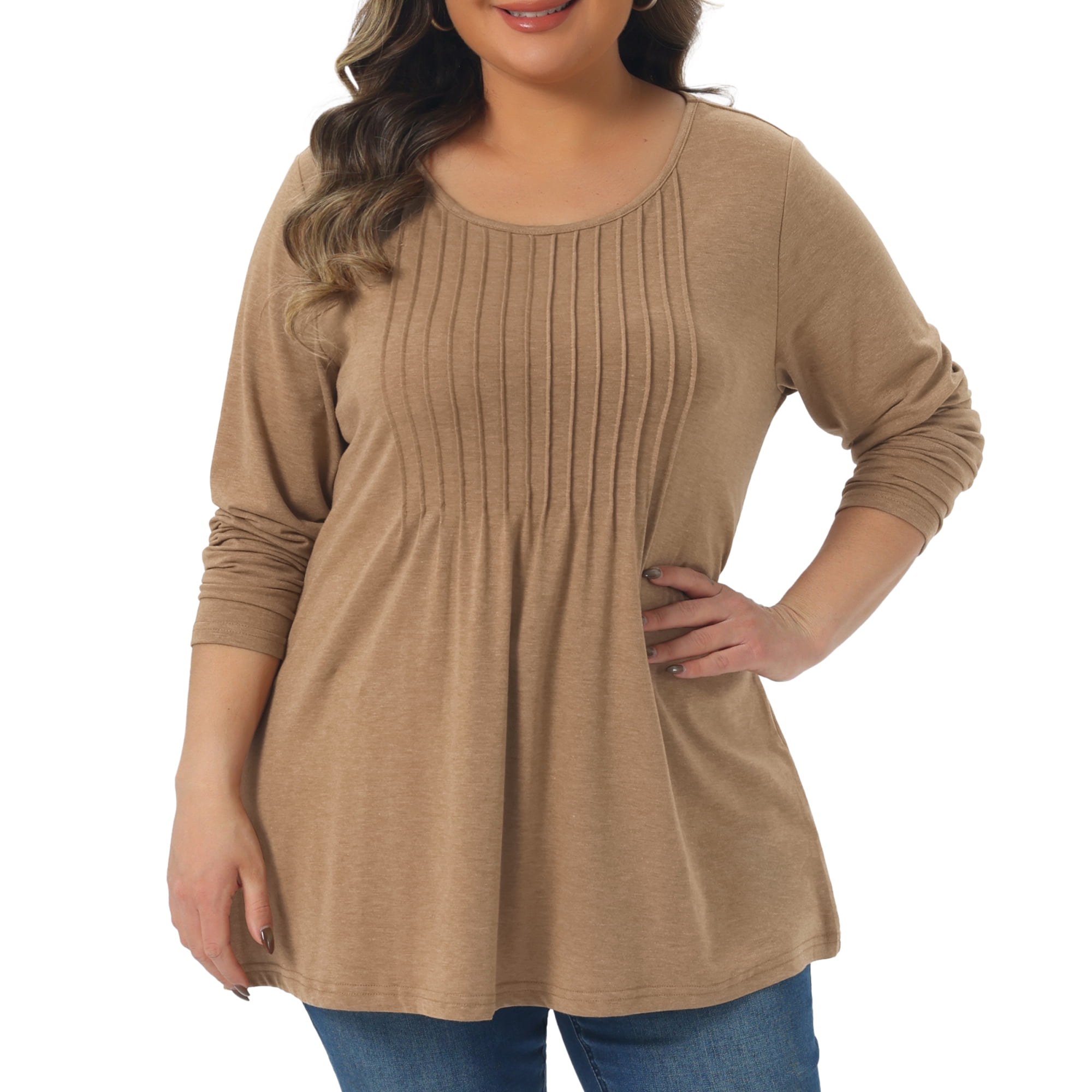 DARING DIVA Women's Plus Pleated Blouses Crew Neck Soft T-Shirt 4X Camel