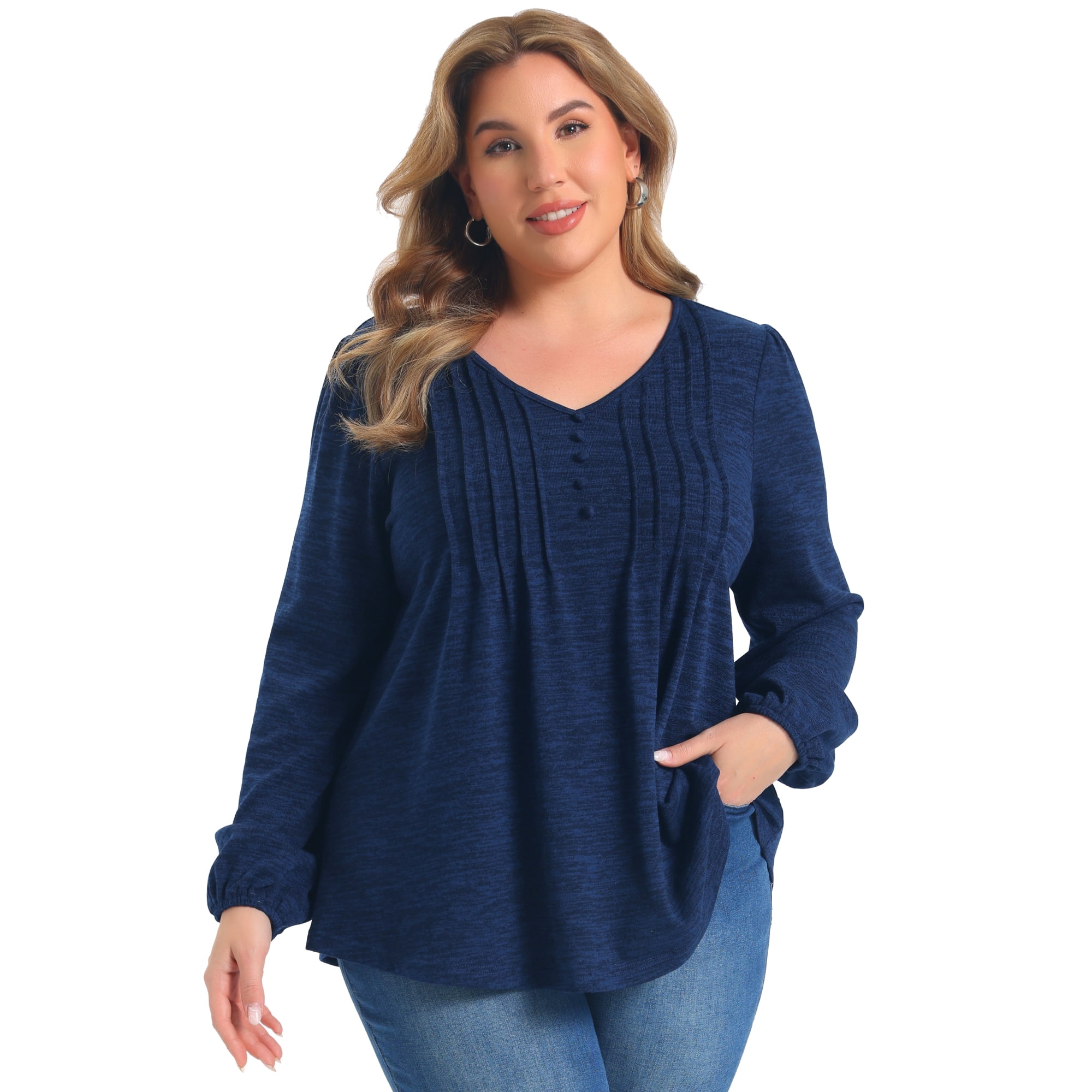 DARING DIVA Women's Plus Pleated Button Decor Lantern Tops 3X Navy Blue