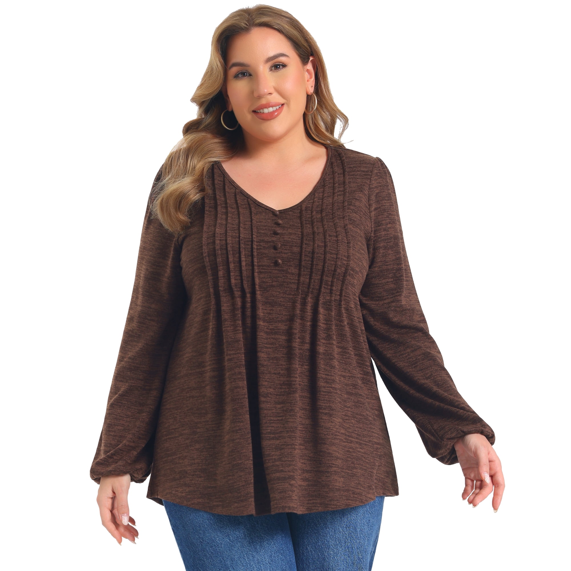 DARING DIVA Women's Plus Pleated Button Decor Lantern Tops 4X Dark Brown