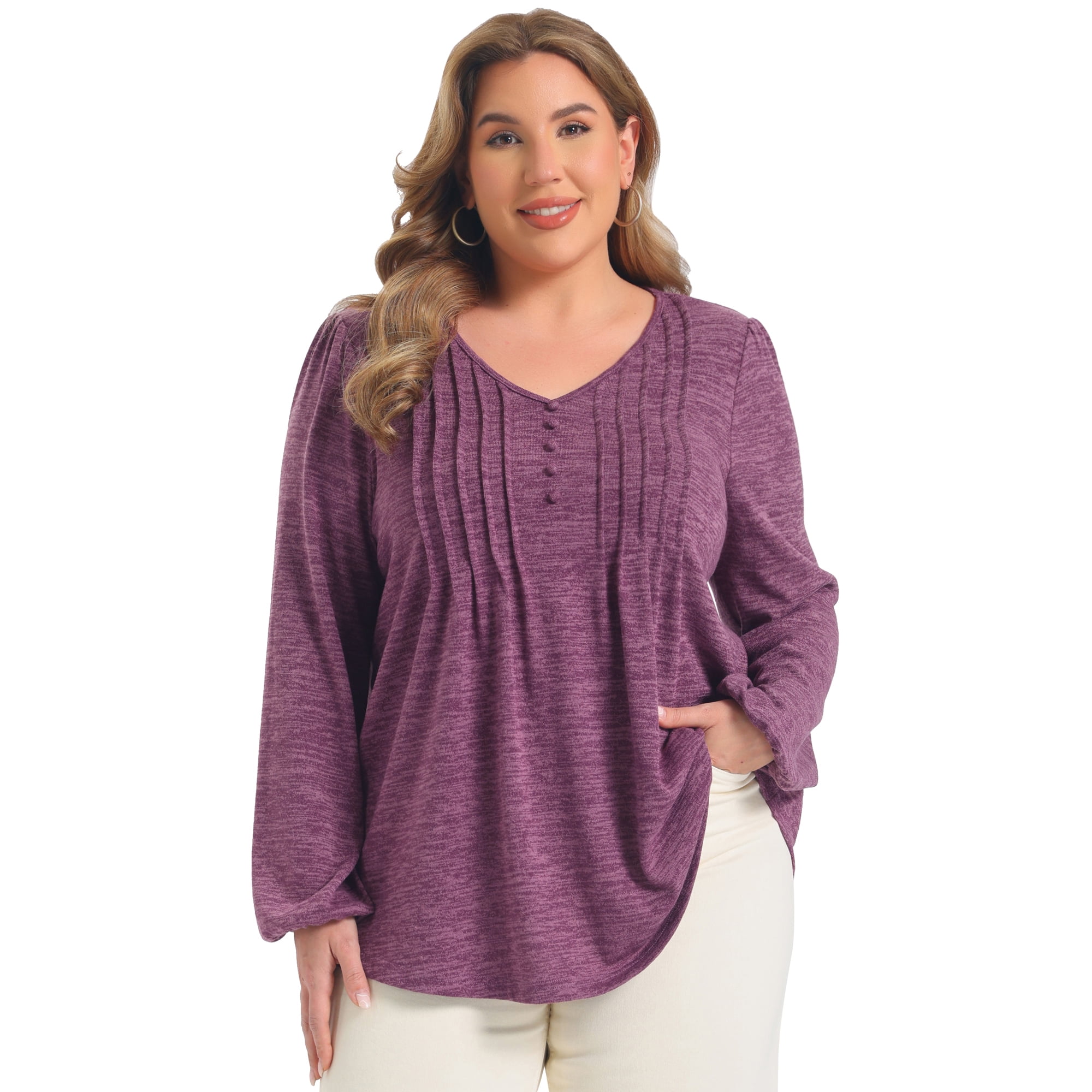 DARING DIVA Women's Plus Pleated Button Decor Lantern Tops 4X Purple