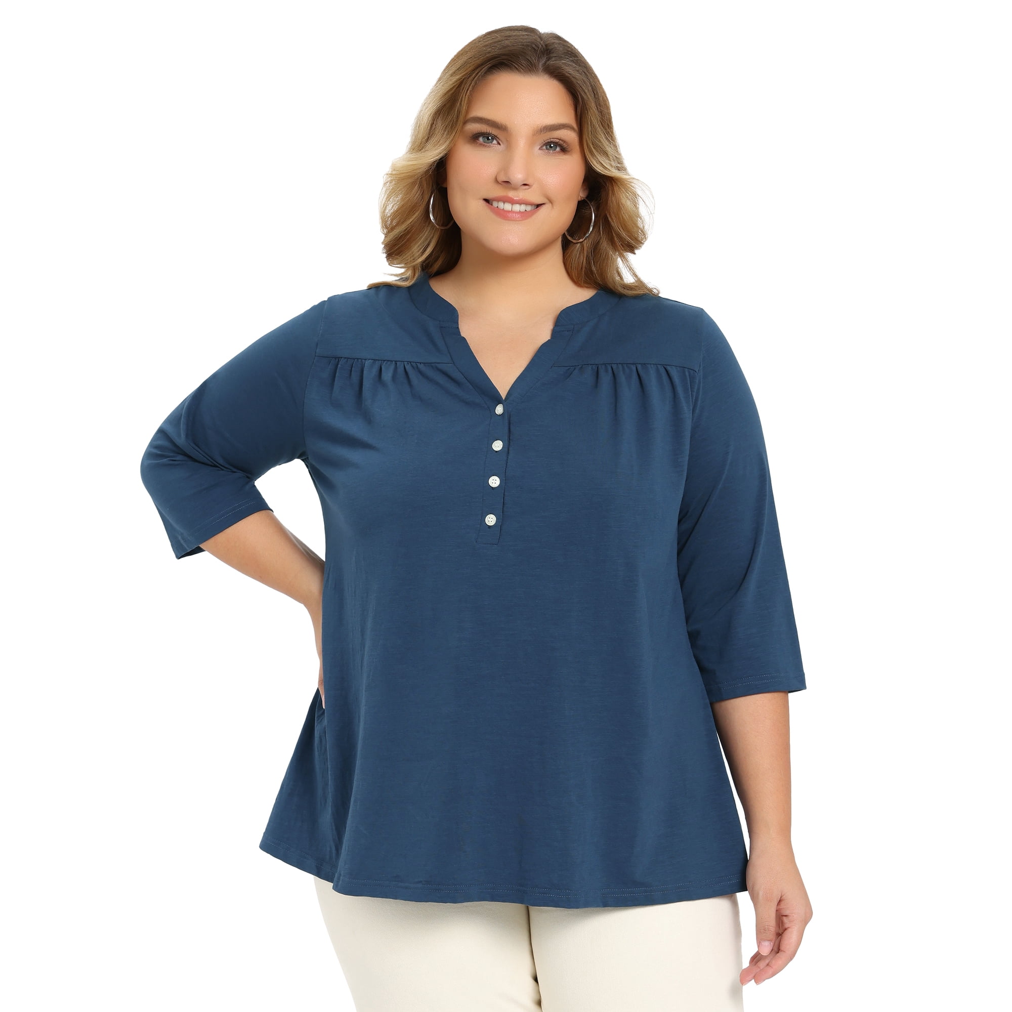 DARING DIVA Women's Plus Pleated Button Front Shirts 3/4 Sleeve Blouses 2X Dark Blue