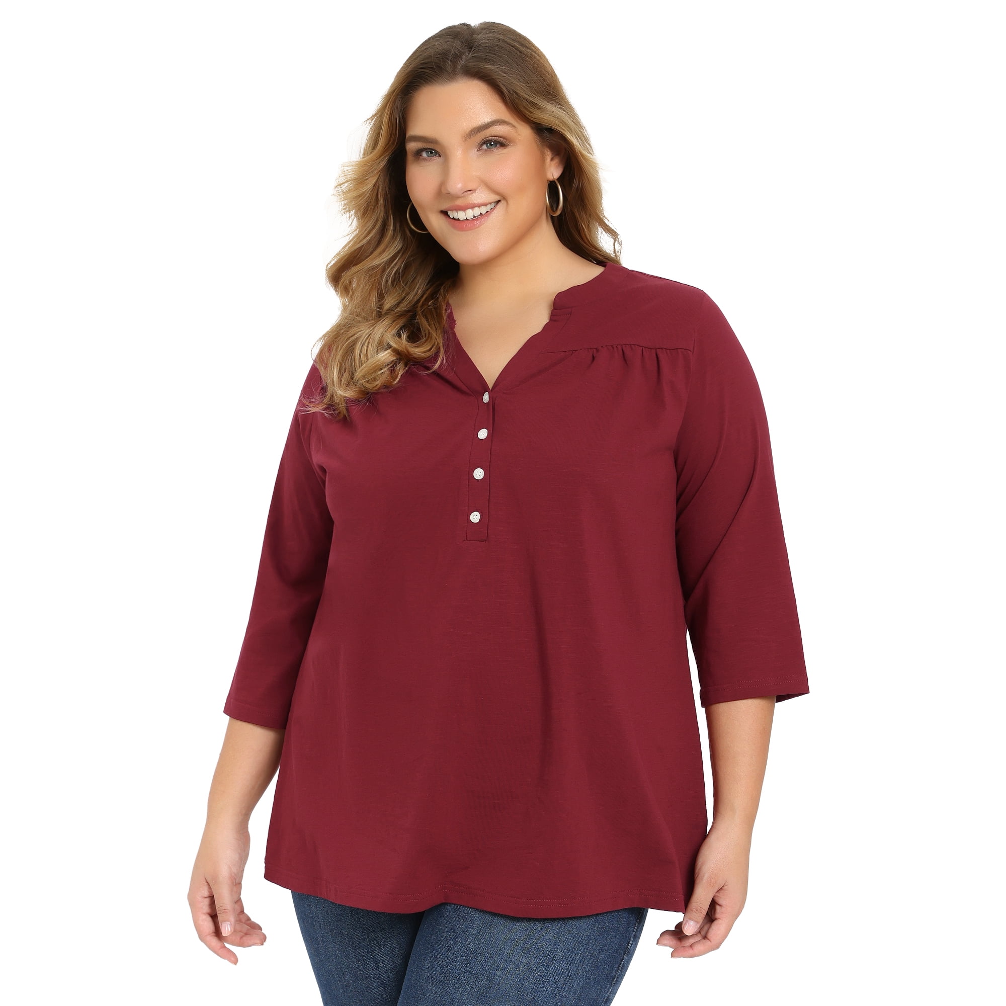 DARING DIVA Women's Plus Pleated Button Front Shirts 3/4 Sleeve Blouses 3X Burgundy