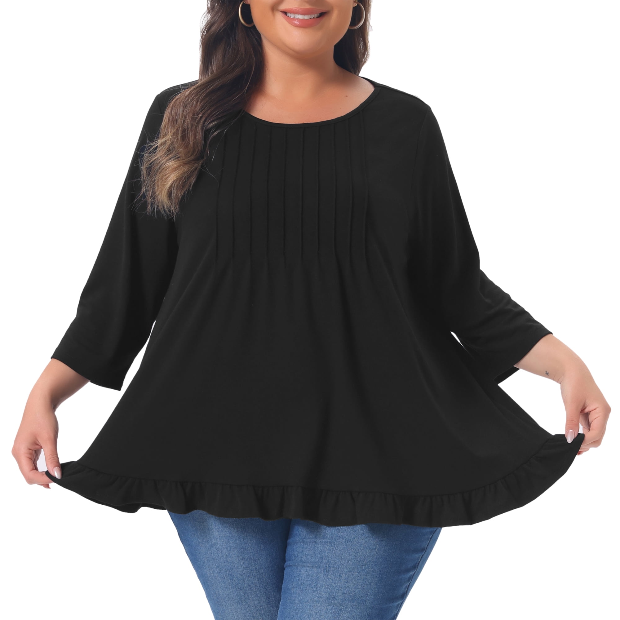 DARING DIVA Women's Plus Pleated Crew Neck 3/4 Sleeve Blouses 4X Black