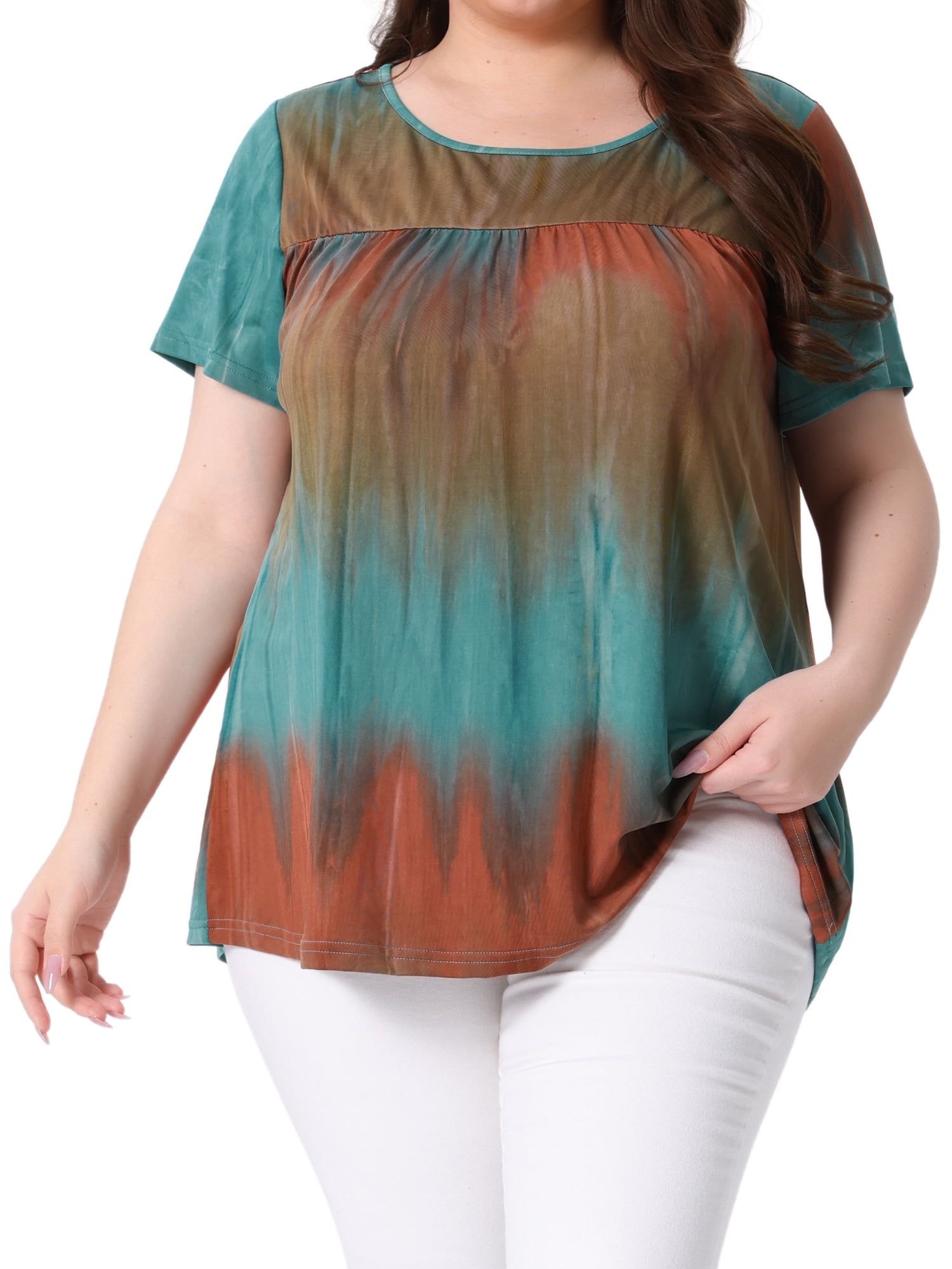 DARING DIVA Women's Plus Pleated Front Casual Blouse 2X Blue Brown