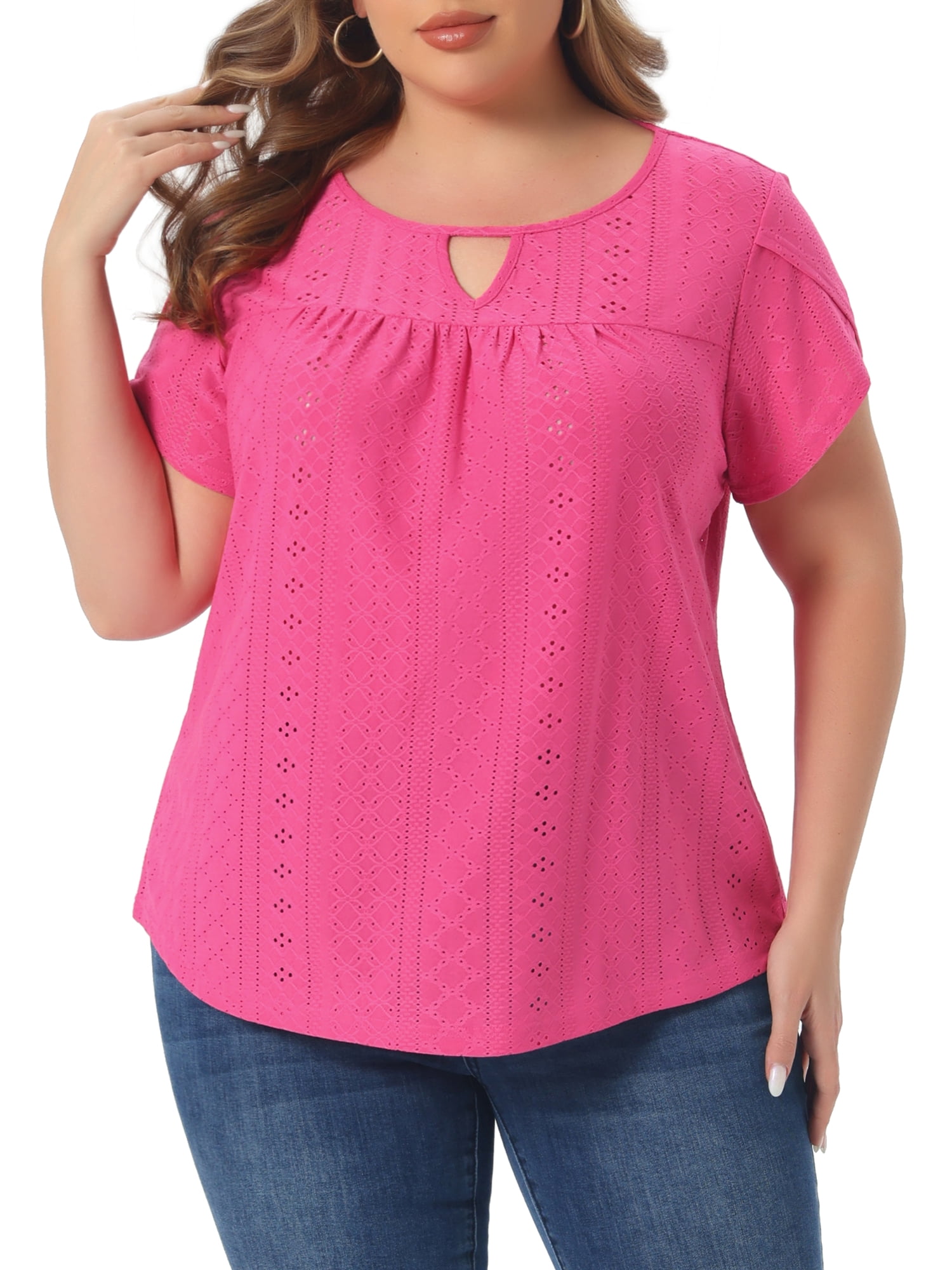 Women's Plus Petal Sleeve Keyhole Neck Loose Fit Casual Top for Women 4X Hot Pink