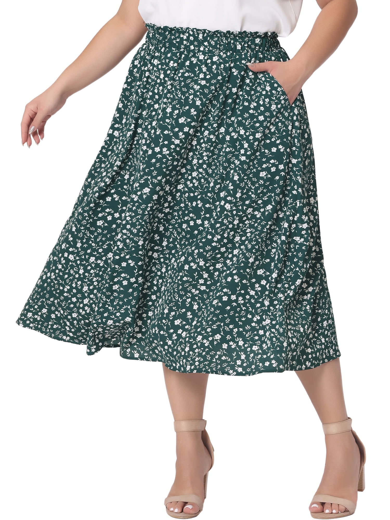 DARING DIVA Women's Plus Pleated High Waist Midi Casual Floral Skirt 2XL Dark Green