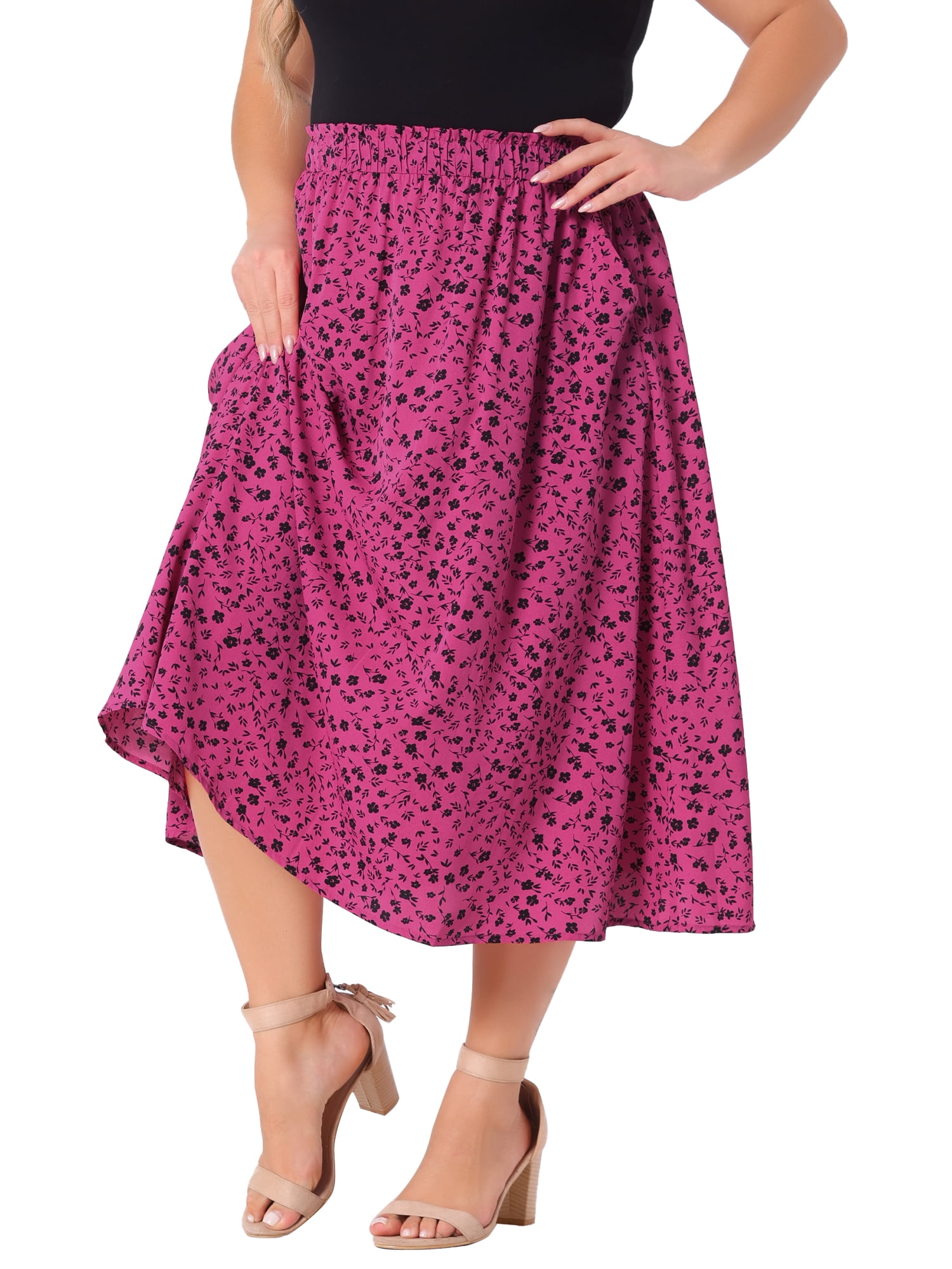 DARING DIVA Women's Plus Pleated High Waist Midi Casual Floral Skirt 3X Hot Pink