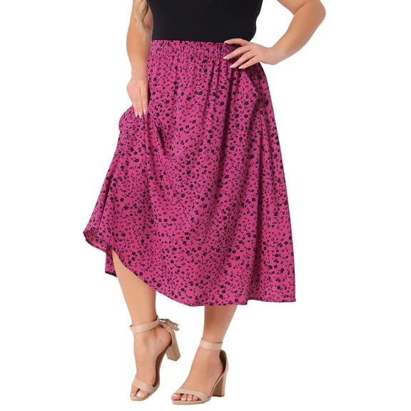 DARING DIVA Women's Plus Pleated High Waist Midi Casual Floral Skirt 3X Hot Pink